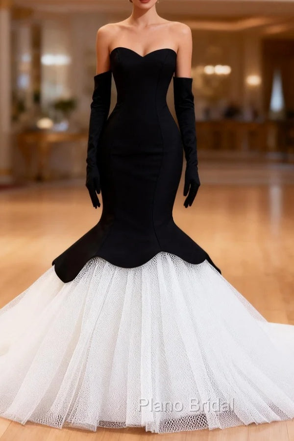Black Mermaid White Tulle Long Sleeve Formal Prom Dresses Main image