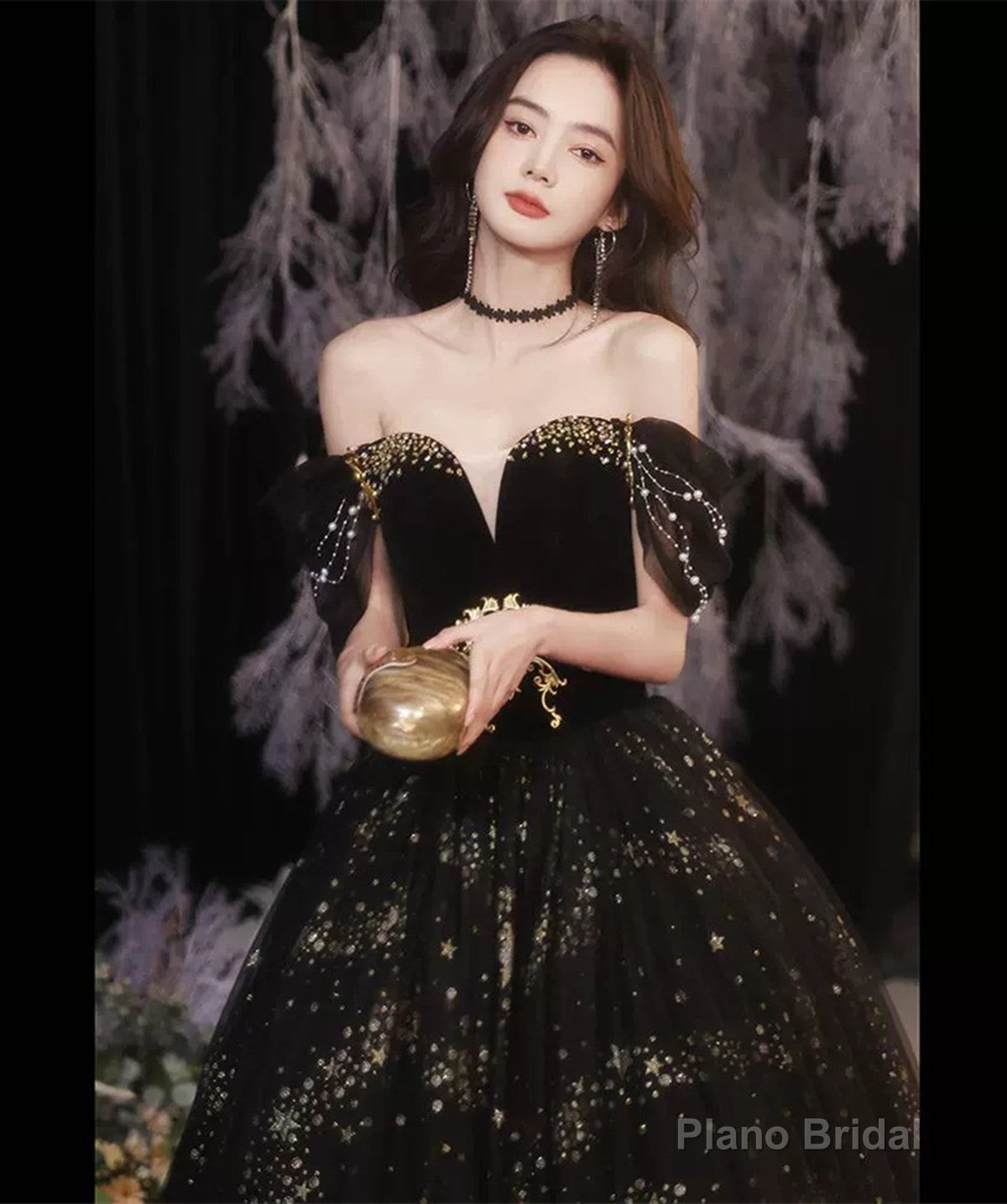 Black Off Shoulder Beaded Sweetheart Tulle Prom Dress, Black Formal Dress Secondary image