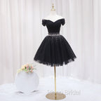 Black Off Shoulder Beaded Tulle Short Formal Prom Dresses, Black Homecoming Dresses Formal Dresses