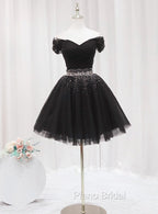 Black Off Shoulder Beaded Tulle Short Formal Prom Dresses, Black Homecoming Dresses Formal Dresses