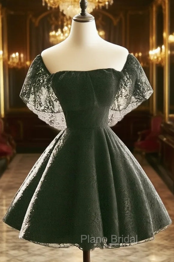 Black Off Shoulder Lace Sweetheart Lovely Short Homecoming Dresses, Black Party Dresses Main image