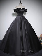Black Off Shoulder Satin Long Formal Prom Dresses, Black Satin Evening Dresses