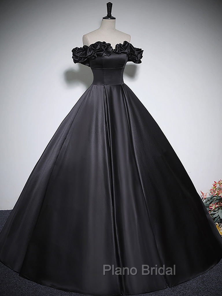 Black Off Shoulder Satin Long Formal Prom Dresses, Black Satin Evening Dresses