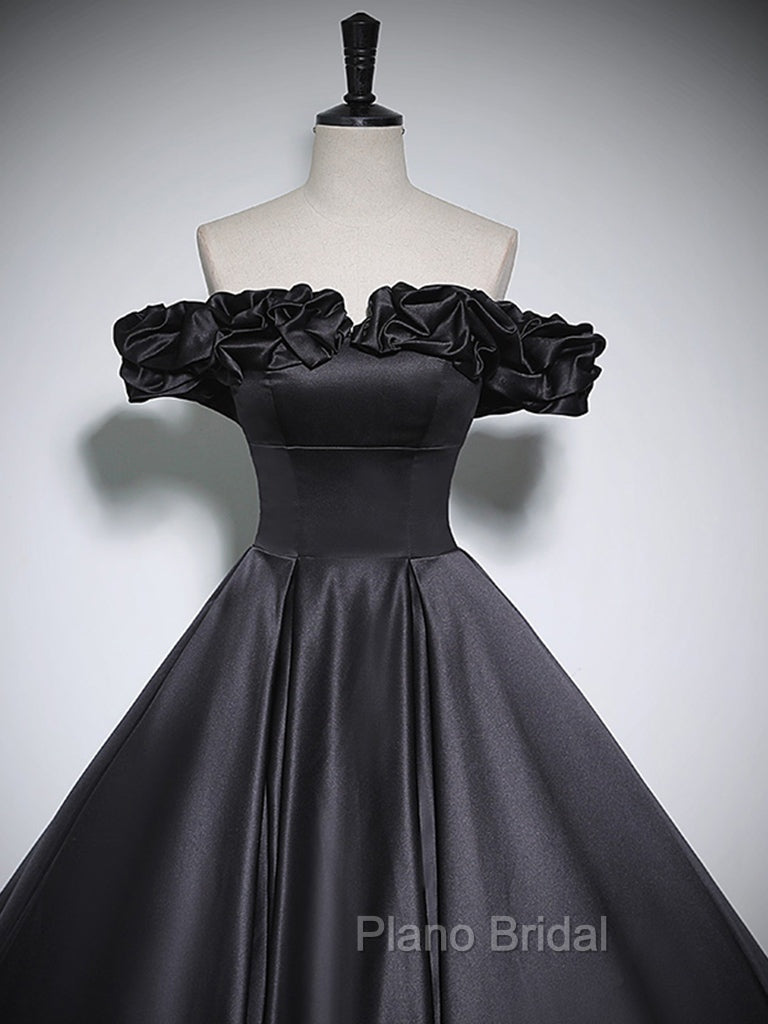 Black Off Shoulder Satin Long Formal Prom Dresses, Black Satin Evening Dresses