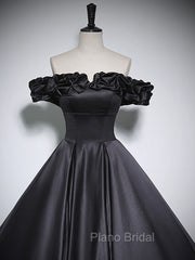 Black Off Shoulder Satin Long Formal Prom Dresses, Black Satin Evening Dresses