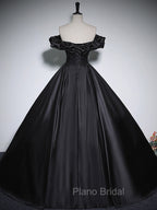 Black Off Shoulder Satin Long Formal Prom Dresses, Black Satin Evening Dresses