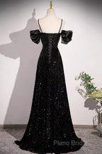 Black Off Shoulder Sequin Long Formal Prom Dresses Formal Dresses With Bow Knot