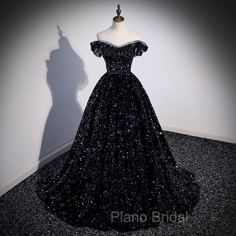 Black Off Shoulder Shiny Beaded Long Formal Prom Dresses A-line Black Evening Dresses Formal Prom Dresses shops