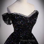 Black Off Shoulder Shiny Beaded Long Formal Prom Dresses A-line Black Evening Dresses Formal Prom Dresses shops