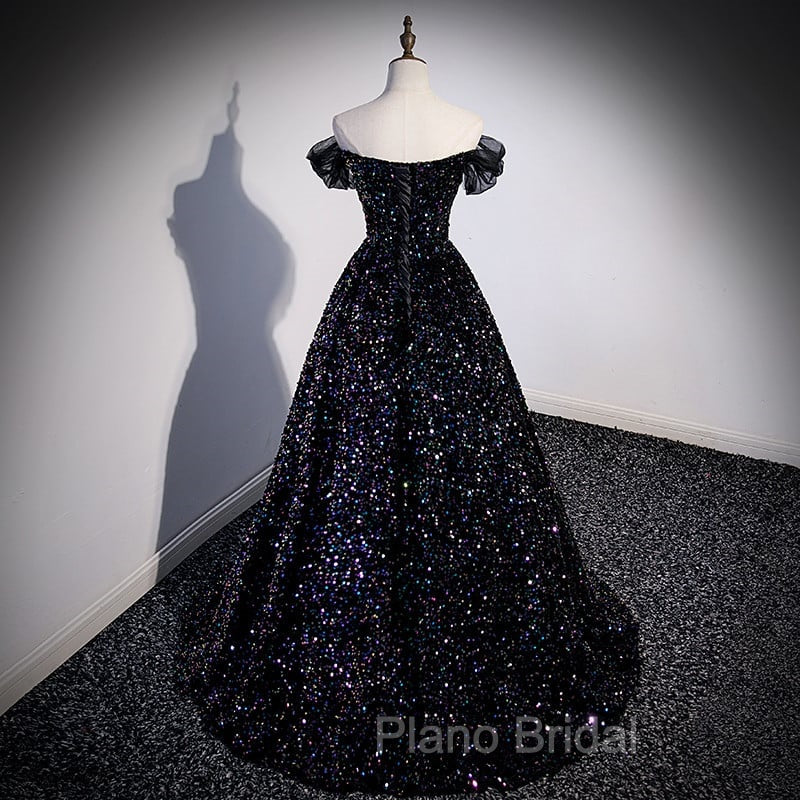Black Off Shoulder Shiny Beaded Long Formal Prom Dresses A-line Black Evening Dresses Formal Prom Dresses shops