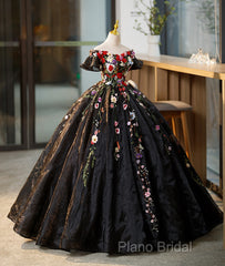 Black Off Shoulder Sweet 16 Dresses With Flowers, Black Ball Gown Formal Dresses