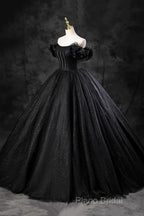 Black Off Shoulder Tulle Lace-Up Sweet 16 Dresses, Black Long Party Dresses Formal Prom Dresses