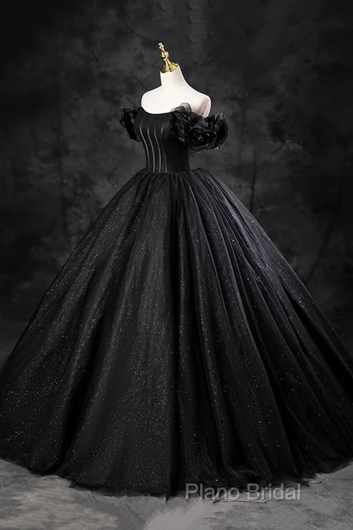 Black Off Shoulder Tulle Lace-Up Sweet 16 Dresses, Black Long Party Dresses Formal Prom Dresses