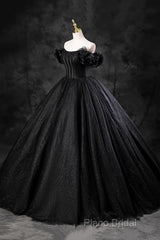 Black Off Shoulder Tulle Lace-Up Sweet 16 Dresses, Black Long Party Dresses Formal Prom Dresses