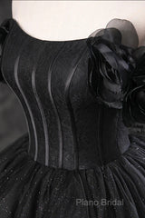 Black Off Shoulder Tulle Lace-Up Sweet 16 Dresses, Black Long Party Dresses Formal Prom Dresses
