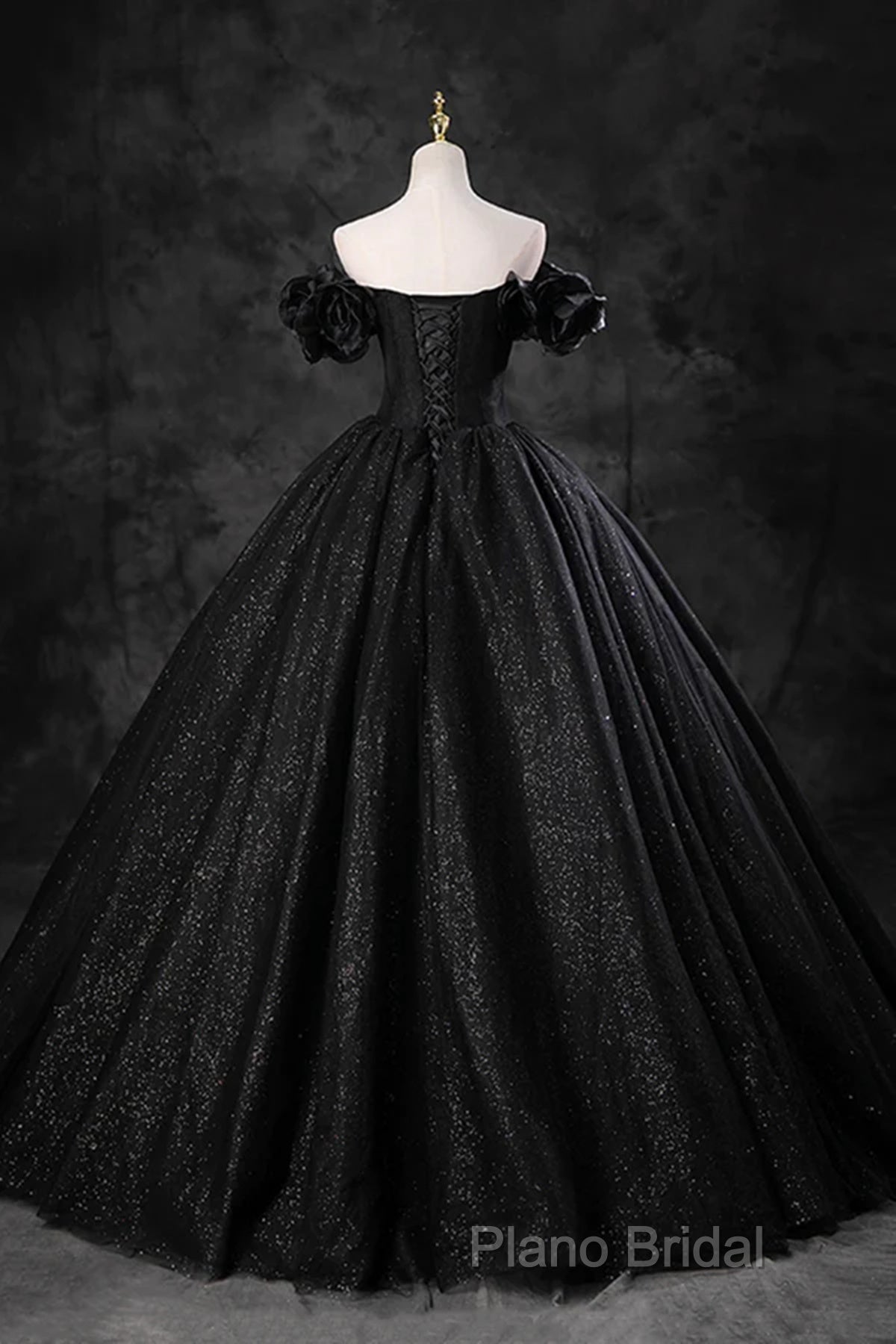 Black Off Shoulder Tulle Lace-Up Sweet 16 Dresses, Black Long Party Dresses Formal Prom Dresses