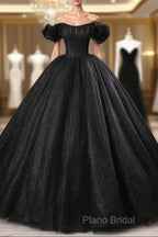 Black Off Shoulder Tulle Lace-Up Sweet 16 Dresses, Black Long Party Dresses Formal Prom Dresses