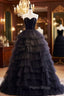 Black Off Shoulder Tulle Long Formal Prom Dresses, Black Formal Evening Dresses