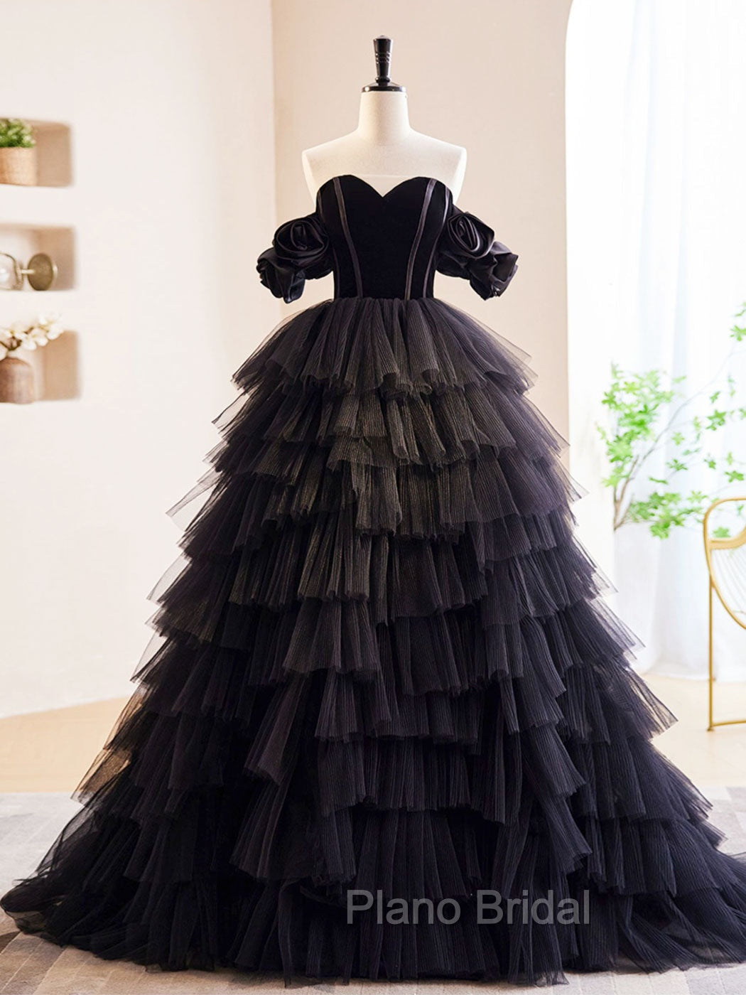 Black Off Shoulder Tulle Long Formal Prom Dresses, Black Formal Evening Dresses Main image