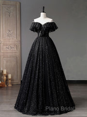 Black Off Shoulder Tulle Long Formal Prom Dresses, Black Formal Dresses