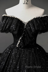 Black Off Shoulder Tulle Long Formal Prom Dresses, Black Formal Dresses