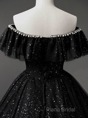Black Off Shoulder Tulle Long Formal Prom Dresses, Black Formal Dresses