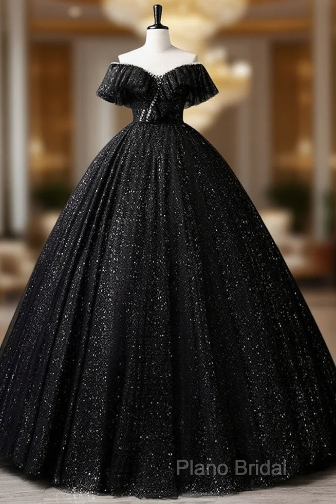 Black Off Shoulder Tulle Long Formal Prom Dresses, Black Formal Dresses Main image