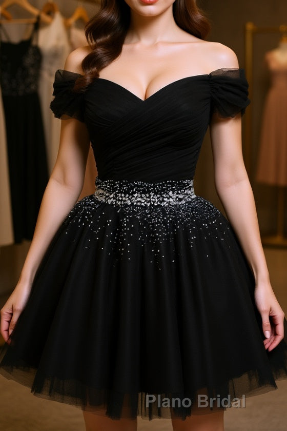 Black Off Shoulder Tulle Sequin Short Formal Prom Dress, Black Homecoming Dresses Main image