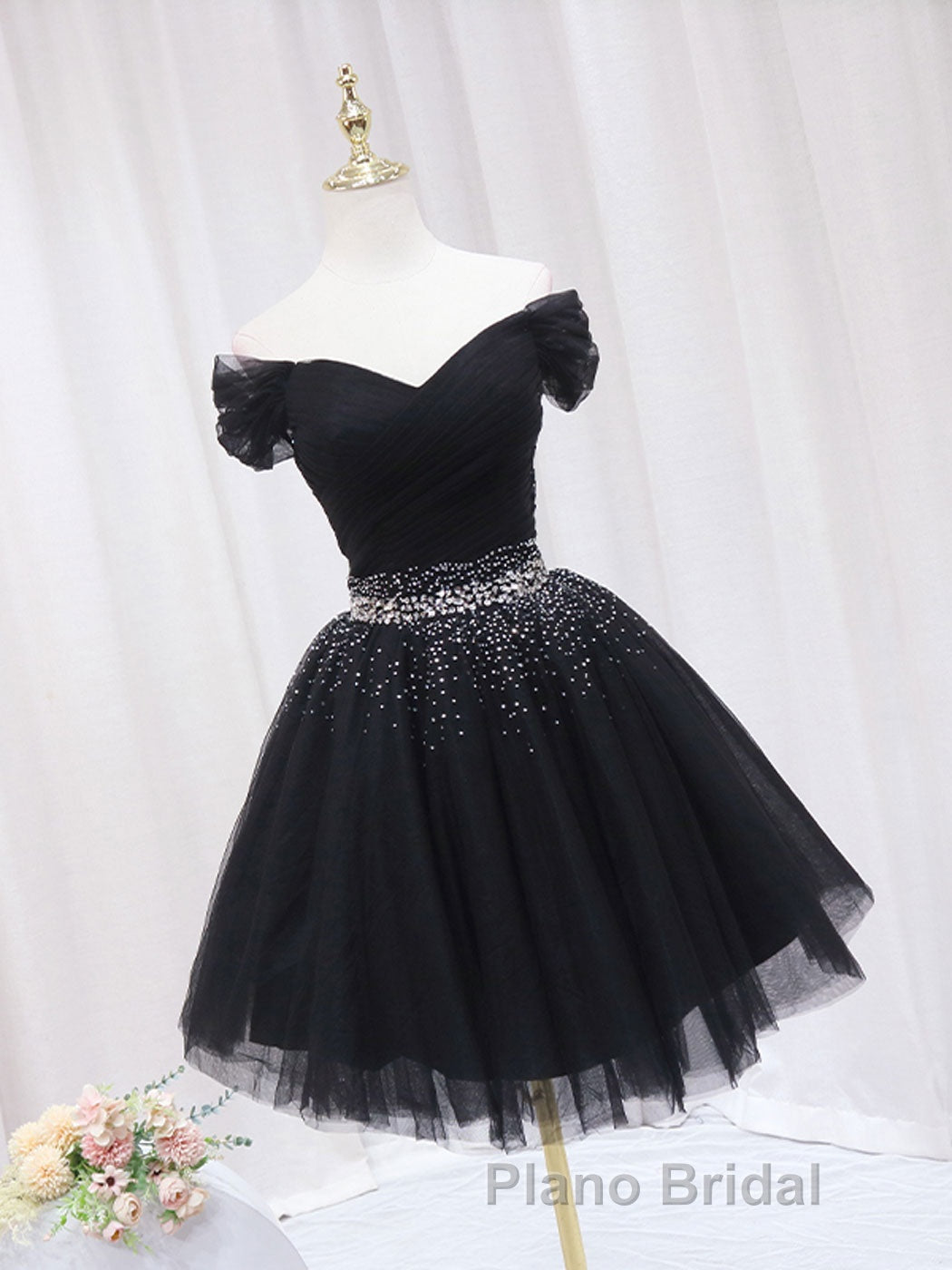 Black Off Shoulder Tulle Sequin Short Formal Prom Dress, Black Homecoming Dresses Secondary image