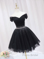 Black Off Shoulder Tulle Sequin Short Formal Prom Dress, Black Homecoming Dresses