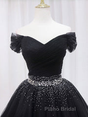 Black Off Shoulder Tulle Sequin Short Formal Prom Dress, Black Homecoming Dresses