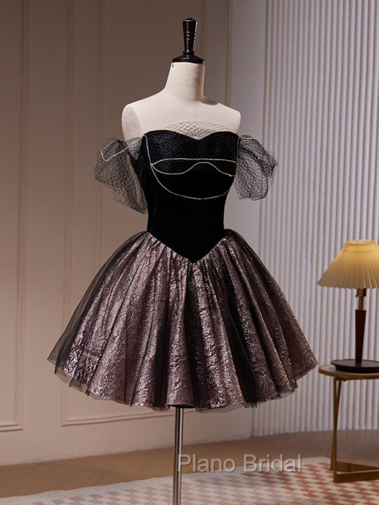 Black Off Shoulder Tulle Short Formal Prom Dresses, Black Homecoming Dresses Secondary image