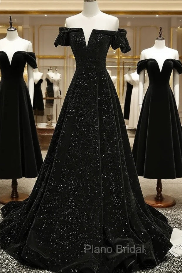 Black Off Shoulder Velvet Long Party Dresses Formal Prom Dresses, Black Simple Evening Dresses Main image