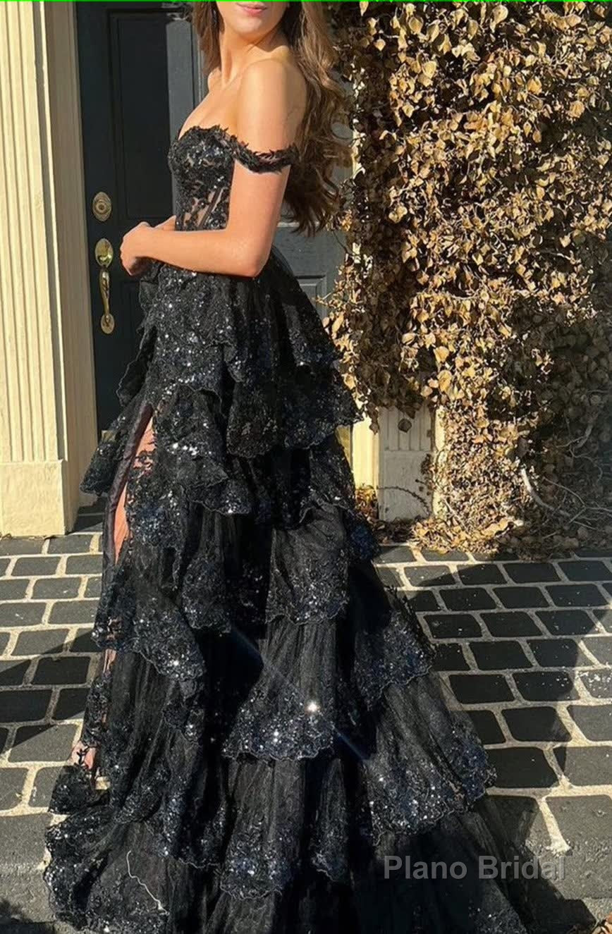 Black Off The Shoulder Tiered Prom Dress Secondary image