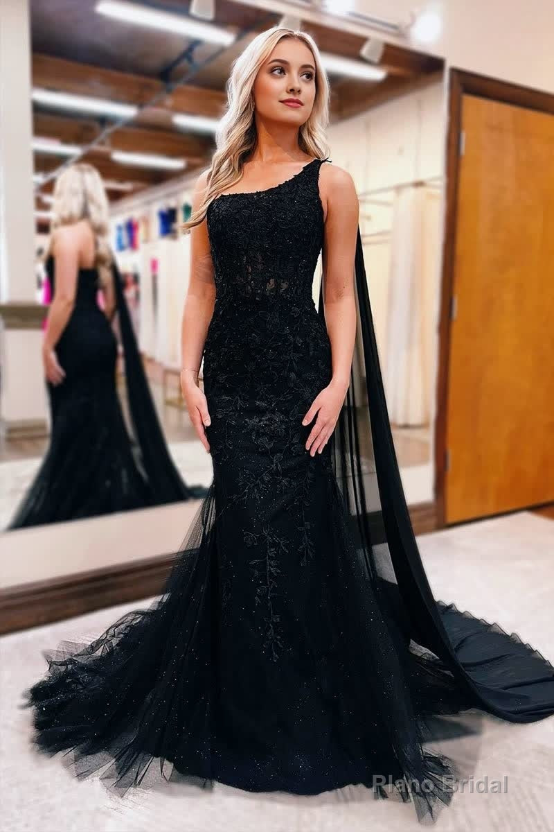 Black One Shoulder Appliques Mermaid Long Prom Dresses Main image