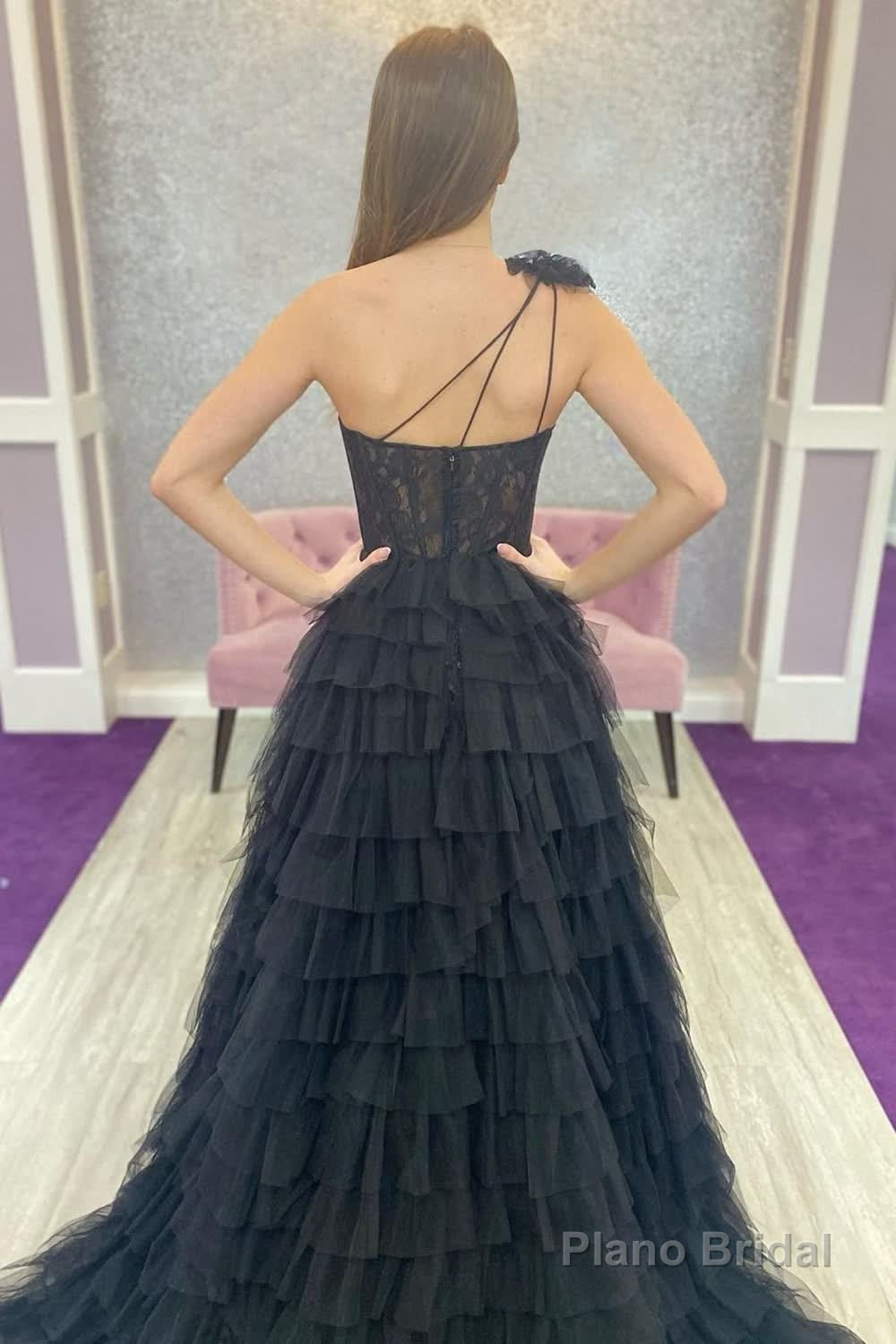 Black One Shoulder Corset Tiered Long Prom Dress with Ruffles Secondary image