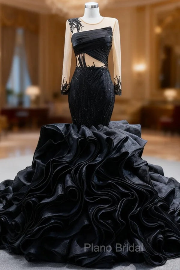 Black Organza Mermaid Long Sleeve Beading Formal Prom Dresses