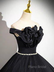 Black Pleated Long A-Line Party Gown With Rhinestone Sash, Elegant Off The Shoulder Formal Dresses