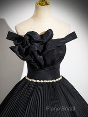 Black Pleated Long A-Line Party Gown With Rhinestone Sash, Elegant Off The Shoulder Formal Dresses