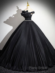 Black Pleated Long A-Line Party Gown With Rhinestone Sash, Elegant Off The Shoulder Formal Dresses