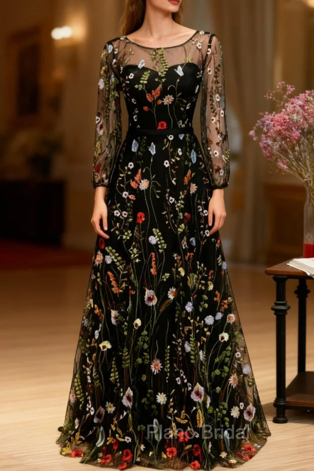 Black Print Long Sleeve Formal Prom Dresses Main image