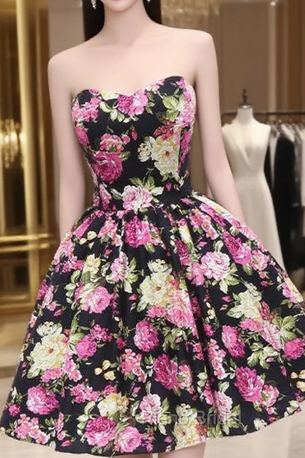 Black Print Strapless Homecoming Dresses Main image