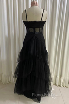 Black Formal Prom Dresses, Elegant A-line Layered Tulle Formal Prom Dresses,Sheer Corset Long Evening Dresses