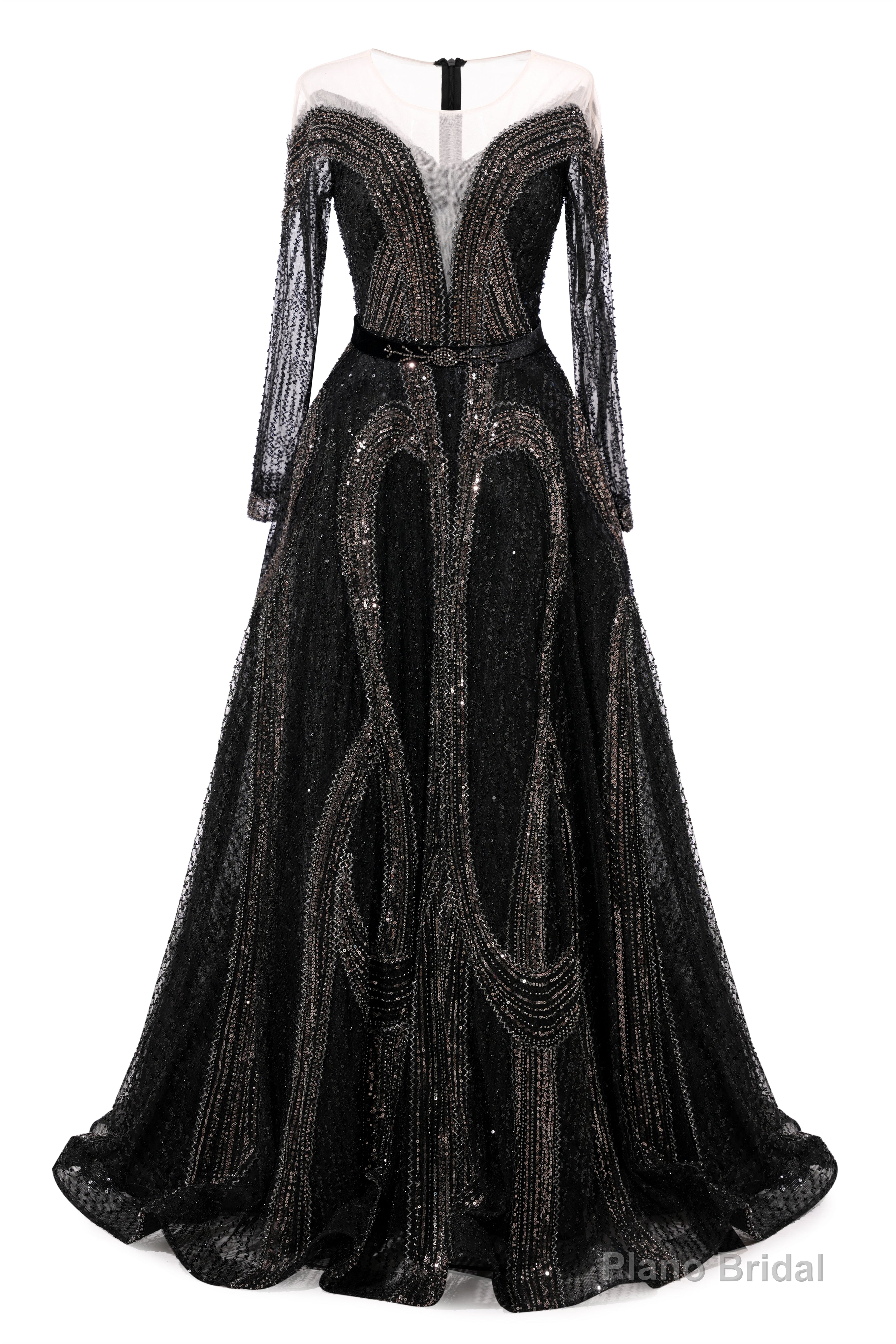 Black Prom Dresses A-line Heavily Beading Long Sleeves Women Evening Dresses