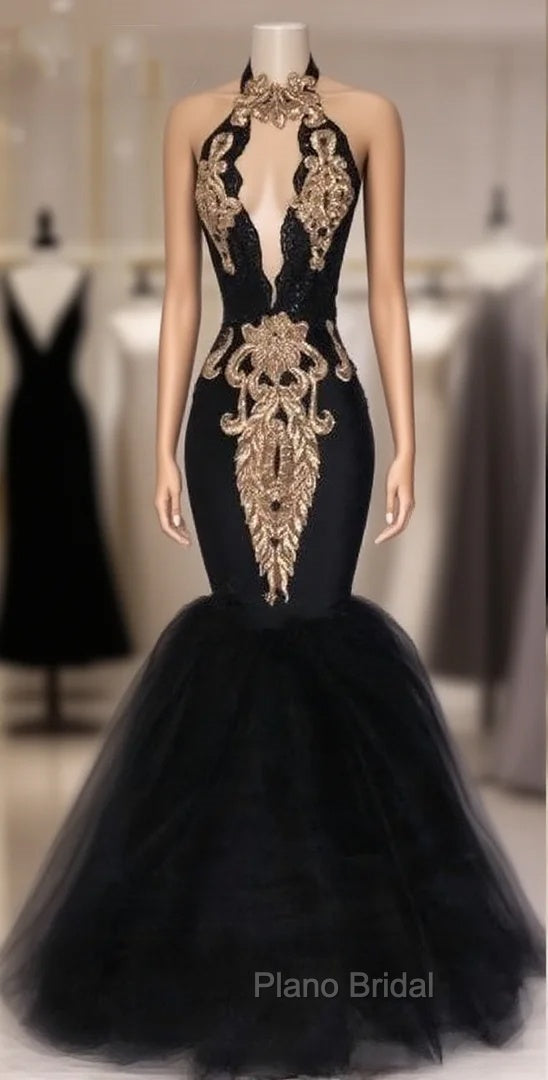 Black Formal Prom Dresses Mermaid Halter Tulle Appliques Dubai Saudi Arabic Long Robe De Soiree Formal Prom Gown Evening Dresses Main image