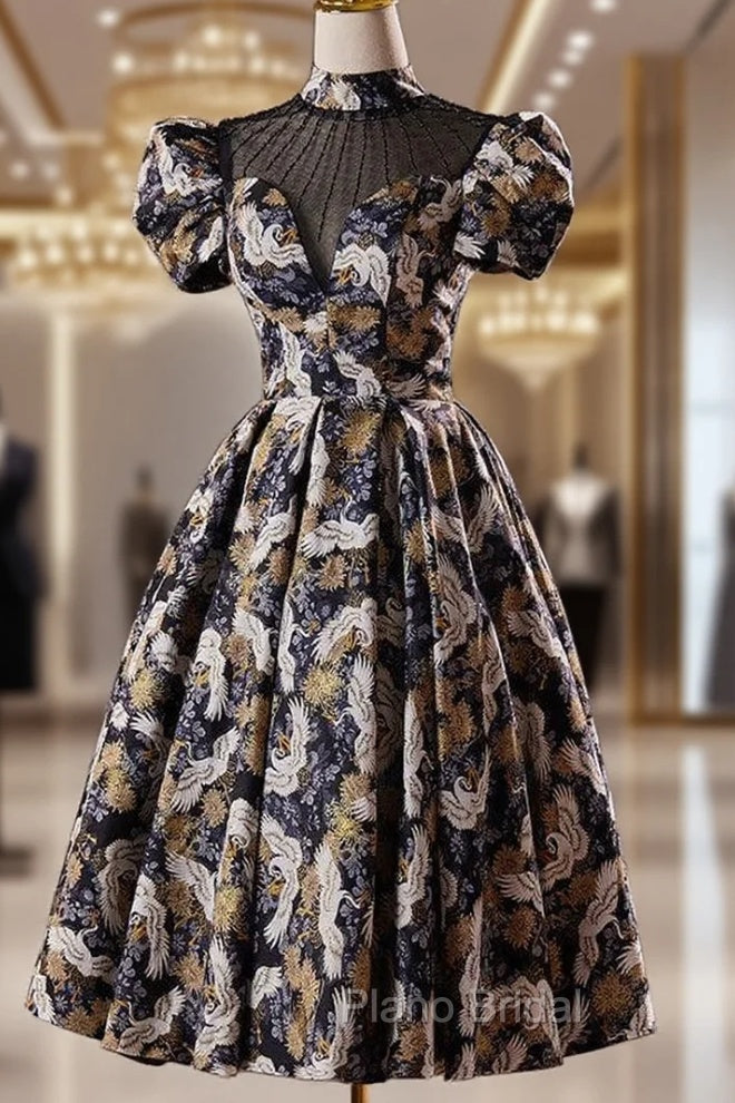 Black Puff Sleeve High Neck Backless Homecoming Dresses Main image