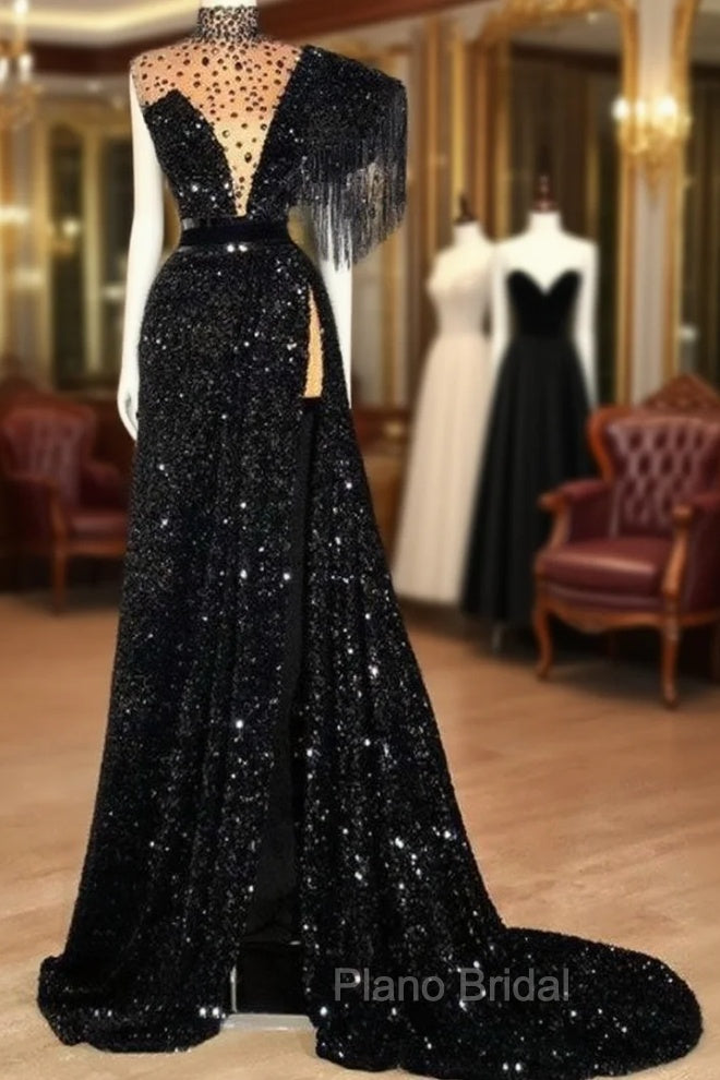 Black Robe De Soiree A-Line High Collar Sequins Sparkle Beaded Slit Sexy Long Formal Prom Dresses Formal Prom Gown Evening Dresses Main image