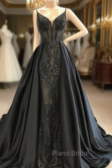 Black Robe De Soiree A-Line Spaghetti Straps Appliques Long Formal Prom Dresses Formal Prom Gown Evening Dresses
