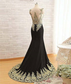Black Round Neck Lace Applique Long Formal Prom Dresses, Black Formal Dresses