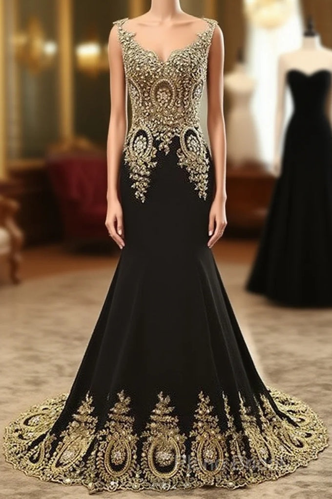 Black Round Neck Lace Applique Long Formal Prom Dresses, Black Formal Dresses